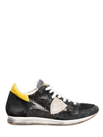 PHILIPPE MODEL - CRACKLED LEATHER & SUEDE SNEAKERS - BLACK