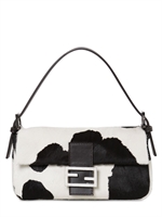 FENDI - BORSA BAGUETTE IN CAVALLINO STAMPA MUCCA - BIANCO/NERO