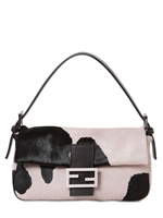 FENDI - BORSA BAGUETTE IN CAVALLINO STAMPA MUCCA - ROSA/NERO