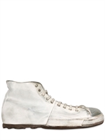 OFFICINE CREATIVE - WASHED LEATHER & METAL HIGH TOP SNEAKERS - WHITE/SILVER