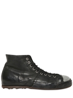 OFFICINE CREATIVE - WASHED LEATHER & METAL HIGH TOP SNEAKERS - BLACK/SILVER