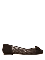 SALVATORE FERRAGAMO - VARINA SUEDE & PATENT LEATHER NET FLATS - BLACK