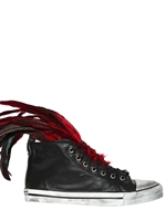 DIONISO - FEATHERS & LEATHER HIGH TOP SNEAKERS - BLACK/RED