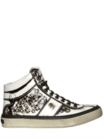 JIMMY CHOO - STAR EMBOSSED BRUSHED LEATHER SNEAKERS - WHITE/BLACK
