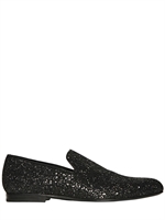 JIMMY CHOO - COARSE GLITTER & LEATHER LOAFERS - BLACK