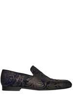 JIMMY CHOO - LASERED BROCADE PRINT PONYSKIN LOAFERS - NAVY/BRONZE