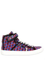 PIERRE HARDY - CUBE PRINTED VELVET AND PATENT SNEAKERS - RED/BLACK