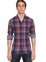 ARMANI JEANS - COTTON FLANNEL CHECKED SLIM FIT SHIRT - BLUE/RED