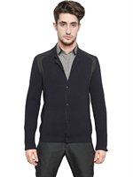 LANVIN - PINSTRIPED FLANNEL & WOOL KNIT CARDIGAN - NAVY