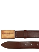 DOLCE & GABBANA - 30 MM METAL PLAQUE CUOIO LEATHER BELT - BROWN