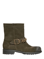 JIMMY CHOO - 30MM DAZE SUEDE BIKER BOOTS WITH CHAIN - MILITARY GREEN