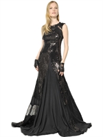 NINA RICCI - SEQUINS AND LACE TECHNO SATIN LONG DRESS - BLACK