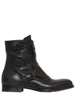 JOHN RICHMOND - OILED LEATHER METAL PLAQUE ANKLE BOOTS - BLACK