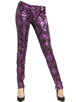 BALMAIN - LAMINATED COTTON DENIM BIKER JEANS - FUCHSIA/BLACK