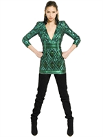 BALMAIN - EMBROIDERED LAMINATED NAPPA DRESS - GREEN