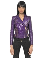BALMAIN - QUILTED NAPPA LEATHER BIKER JACKET - PURPLE