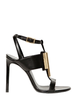 SAINT LAURENT - 105MM JANIS CALFSKIN GOLD PLAQUE SANDALS - BLACK