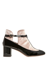 VALENTINO - 60MM T-BAR PATENT/VELVET LOW BOOTS - BLACK/POUDRE