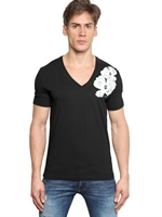DSQUARED - FLOWER PRINTED COTTON JERSEY T-SHIRT - BLACK/WHITE