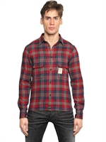 DSQUARED - WOOL FLANNEL & COTTON JERSEY SHIRT - RED/GREY/BLUE