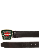DSQUARED - 3.5CM LEATHER BELT W/ ENAMELED BUCKLE - DARK BROWN/GREE