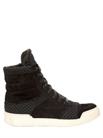BALMAIN - WOVEN COTTON & SUEDE HIGH TOP SNEAKERS - BLACK