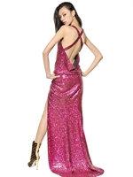 BALMAIN - SEQUINED TECHNO GEORGETTE LONG DRESS - FUCHSIA