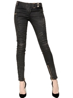 BALMAIN - QUILTED STRETCH DENIM BIKER JEANS - BLACK