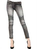 BALMAIN - QUILTED STRETCH DENIM BIKER JEANS - BLACK