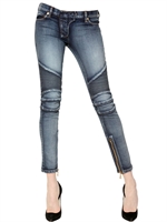 BALMAIN - QUILTED STRETCH DENIM BIKER JEANS - BLUE