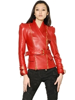 BALMAIN - BELTED KIMONO NAPPA LEATHER JACKET - RED