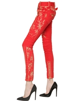 BALMAIN - LUREX EMBROIDERED COTTON DENIM JEANS - RED/GOLD