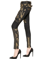 BALMAIN - LUREX EMBROIDERED COTTON DENIM JEANS - BLACK/GOLD