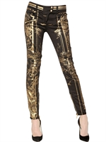 BALMAIN - QUILTED STRETCH DENIM BIKER JEANS - BLACK/GOLD
