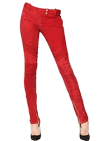 BALMAIN - QUILTED STRETCH SUEDE BIKER JEANS - RED