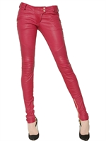 BALMAIN - QUILTED STRETCH LEATHER BIKER JEANS - FUCHSIA