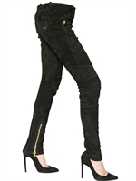 BALMAIN - QUILTED STRETCH SUEDE BIKER JEANS - BLACK