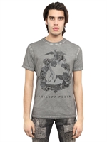 PHILIPP PLEIN - PRINTED DYED COTTON JERSEY T-SHIRT - GREY