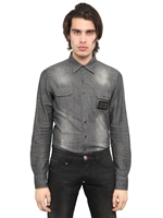 PHILIPP PLEIN - SWAROVSKI BATMAN DENIM SHIRT - WASHED BLACK
