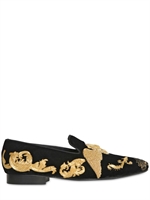 LOUIS LEEMAN - LION EMBROIDERED VELVET SLIP ON LOAFERS - BLACK/GOLD