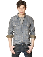 PIERRE BALMAIN - STRETCH POPLIN CHECKED WESTERN SHIRT - MILITARY/BLUE