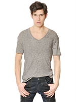 PIERRE BALMAIN - RIBBED WOOL BLEND JERSEY V-NECK T-SHIRT - BEIGE MELANGE