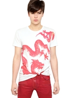 BALMAIN - DRAGON PRINTED COTTON JERSEY T-SHIRT - WHITE/RED