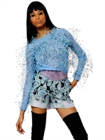 EMILIO PUCCI - TOP IN TULLE CON PIUME DI STRUZZO - CELESTE