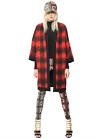 FAUSTO PUGLISI - CHECKED WOOL MOHAIR CABAN COAT - BLACK/RED