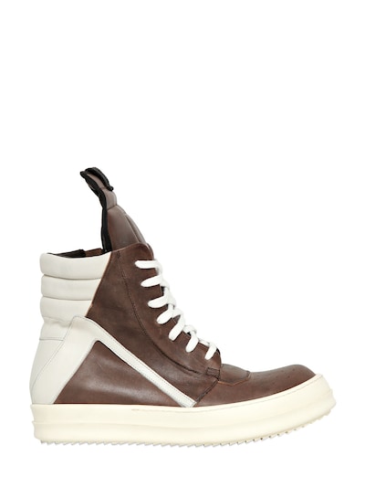 RICK OWENS 20MM LEATHER HIGH TOP SNEAKERS, TAUPE/WHITE