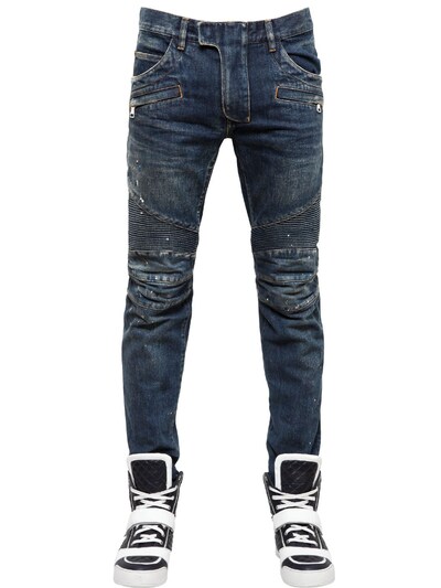 Balmain 18cm Washed Cotton Denim Biker Jeans, Blue