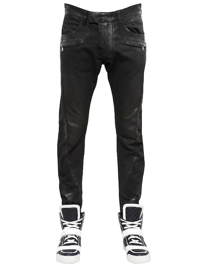Balmain 17cm Washed & Waxed Cotton Denim Jeans In Black