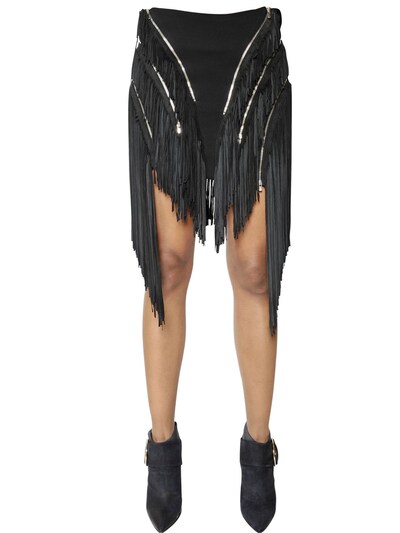 Jay Ahr Viscose Jersey Skirt With Suede Fringed In Black