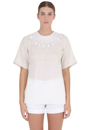 Yakampot Hand-embroidered Cotton & Linen Top In Natural